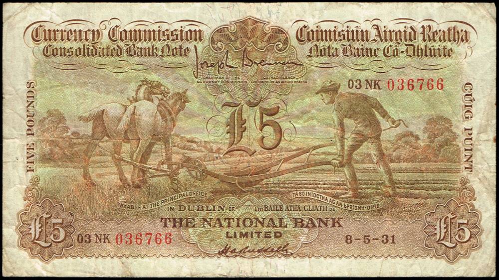 Currency Commission 'Ploughman' National Bank Five Pounds, 8-5-31. at Whyte's Auctions
