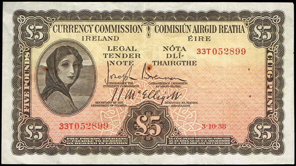 Currency Commission 'Lady Lavery' Five Pounds, 3-10-38 at Whyte's Auctions