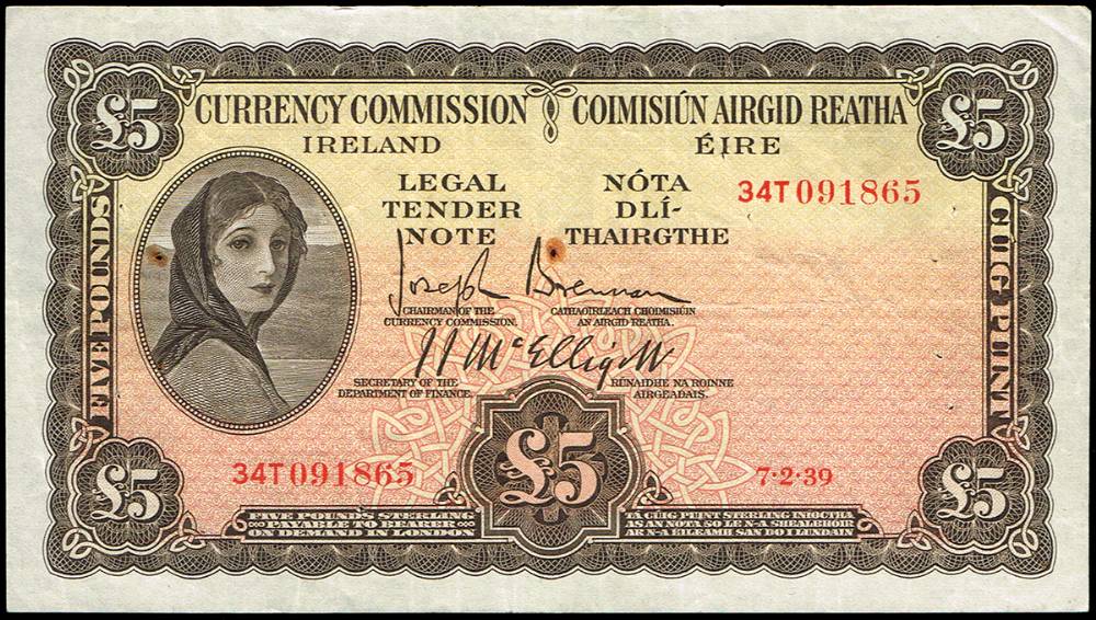 Currency Commission 'Lady Lavery' Five Pounds, 7-2-39 at Whyte's Auctions