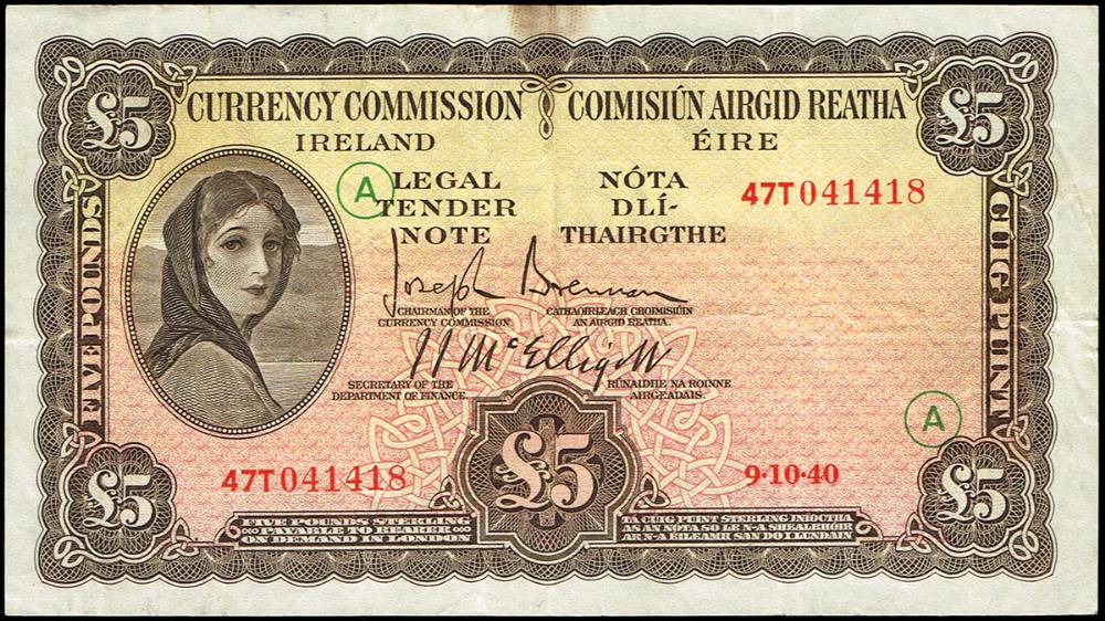 Currency Commission 'Lady Lavery' Five Pounds, 9-10-40 War Code A. at Whyte's Auctions