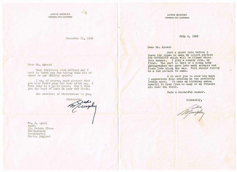 Audie Murphy signed letters 1956-1958 (4) at Whyte's Auctions