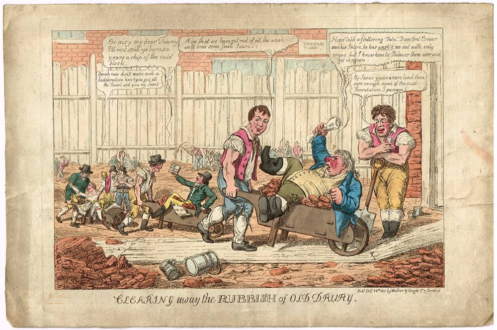 1811 Caricature: Title. 'Clearing Away The Old Rubbish From Old Drury.', featuring Irish playright, Richard Brinsley Sheridan. at Whyte's Auctions