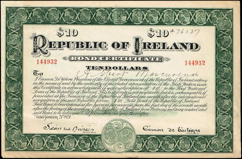 1920 (21 January) Republic of Ireland Ten Dollars Bond issued by Eamon de Valera' at Whyte's Auctions
