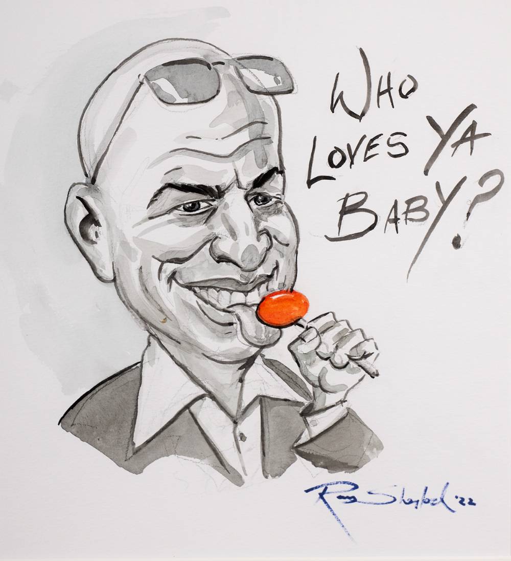 Telly Savalas caricature by Ray Sherlock with autograph. at Whyte's Auctions