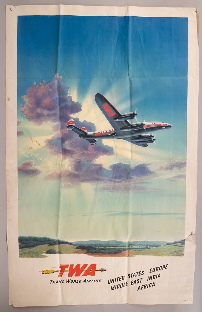 1950s TWA poster showing a Constellation jetliner over an Irish landscape. at Whyte's Auctions