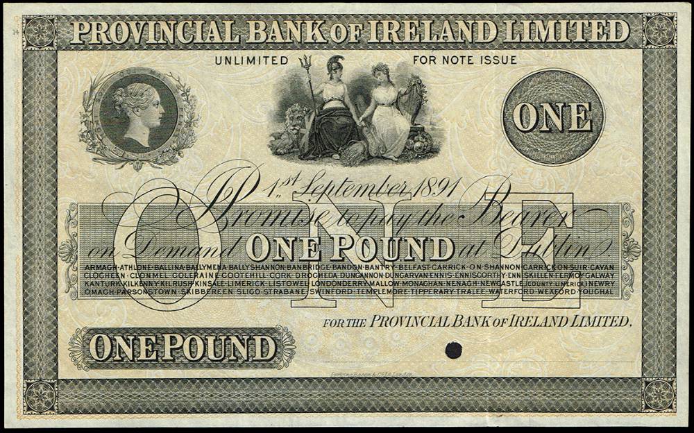 Provincial Bank of Ireland, Dublin, One Pound unissued, 1st September 1891 and 1st December 1926. (2) at Whyte's Auctions