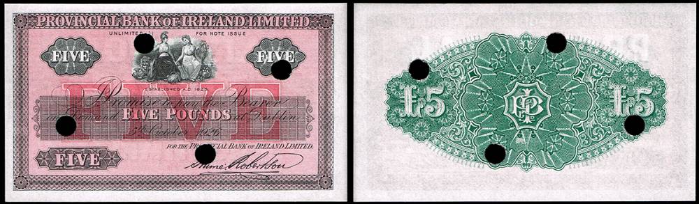 Provincial Bank of Ireland, Dublin, Five Pounds, 5 October 1926, unissued, remaindered, a pair. at Whyte's Auctions