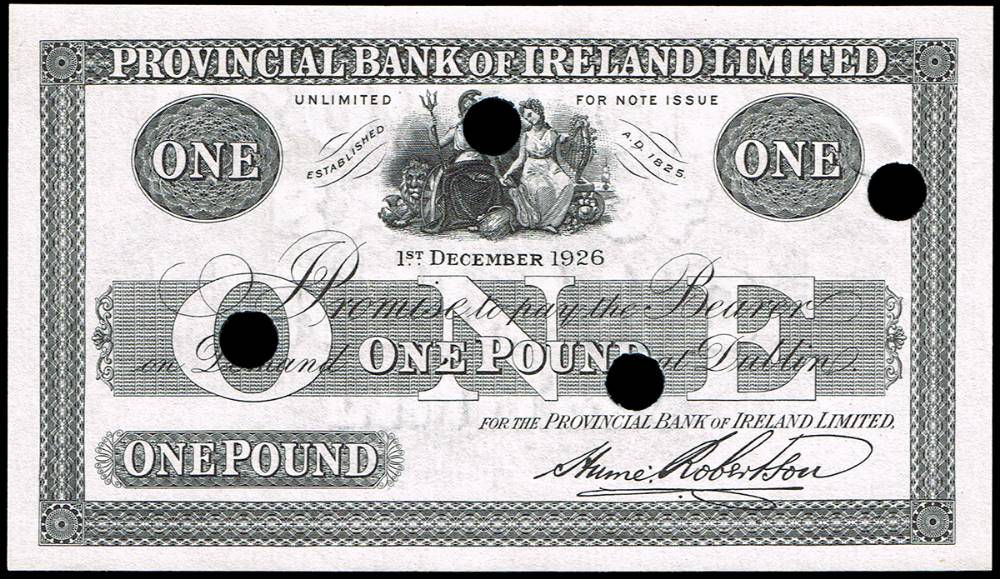 Provincial Bank of Ireland, Dublin, One Pound, 1 December 1926, green background (2) and white background, unissued, remaindered. at Whyte's Auctions