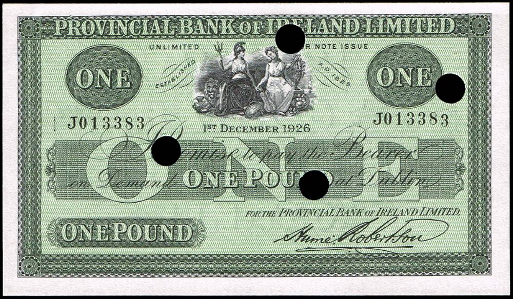 Provincial Bank of Ireland, Dublin, One Pound, 1 December 1926, green background, unissued, remaindered, a pair. at Whyte's Auctions