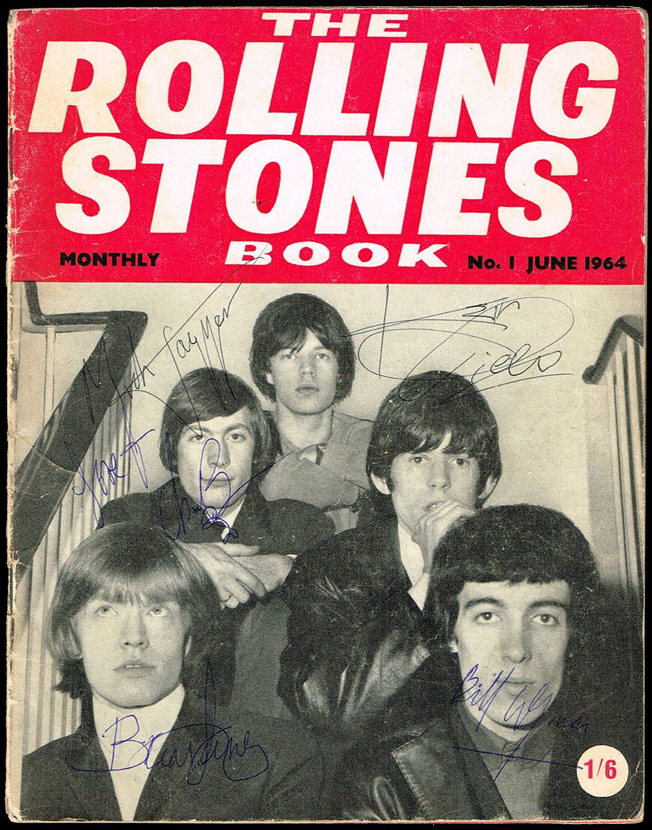 Rolling Stones. 1964 Rolling Stones Book, No. 1 signed on cover by all five members of the band. at Whyte's Auctions