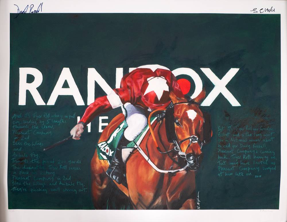 Horse Racing. Limited edition print of Tiger Roll by Natty Higham at the Grand National at Aintree, 2018, signed by jockey and trainer. at Whyte's Auctions