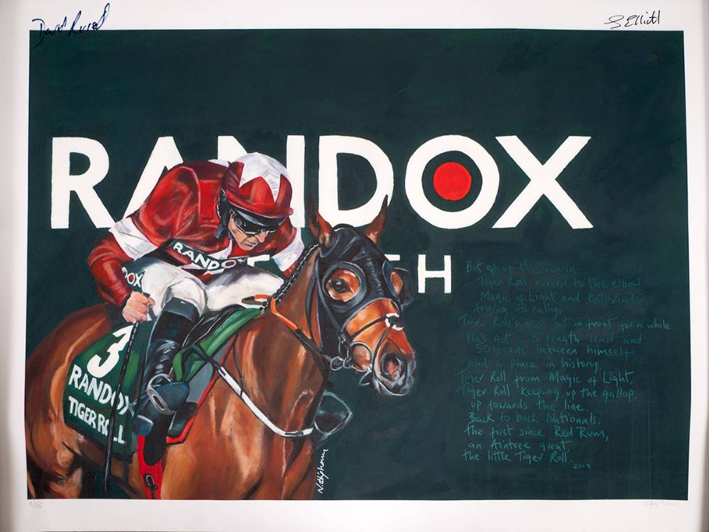 Horse Racing. Limited edition print of Tiger Roll winning the Grand National at Aintree, 2019, signed by jockey and trainer. at Whyte's Auctions
