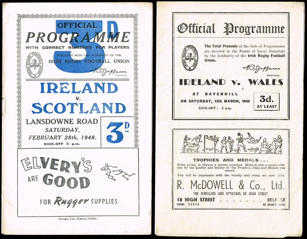 Rugby. 1948 Grand Slam decider, Ireland v Wales at Ravenhill match programme. at Whyte's Auctions