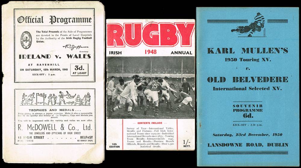 Rugby. 1948 Grand Slam decider, Ireland v Wales at Ravenhill match programme and two others. at Whyte's Auctions