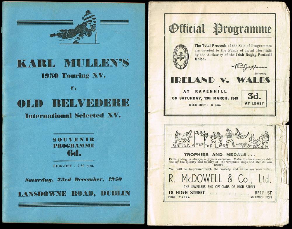Rugby. 1948 Grand Slam decider, Ireland v Wales at Ravenhill and Karl Mullens Touring XV programmes. at Whyte's Auctions