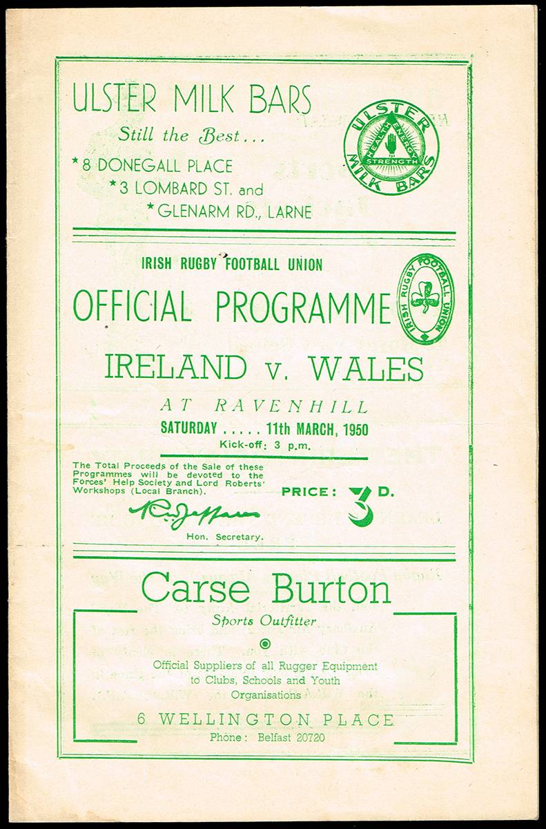 Rugby. 1950-1952 home international match programmes and one away (6) at Whyte's Auctions