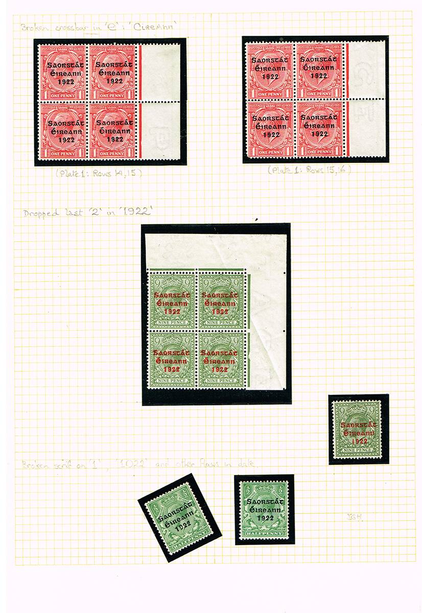 1922. Irish Free State postage stamps: a collection of British stamps overprinted 'Saorstt ireann' with printing varieties. at Whyte's Auctions