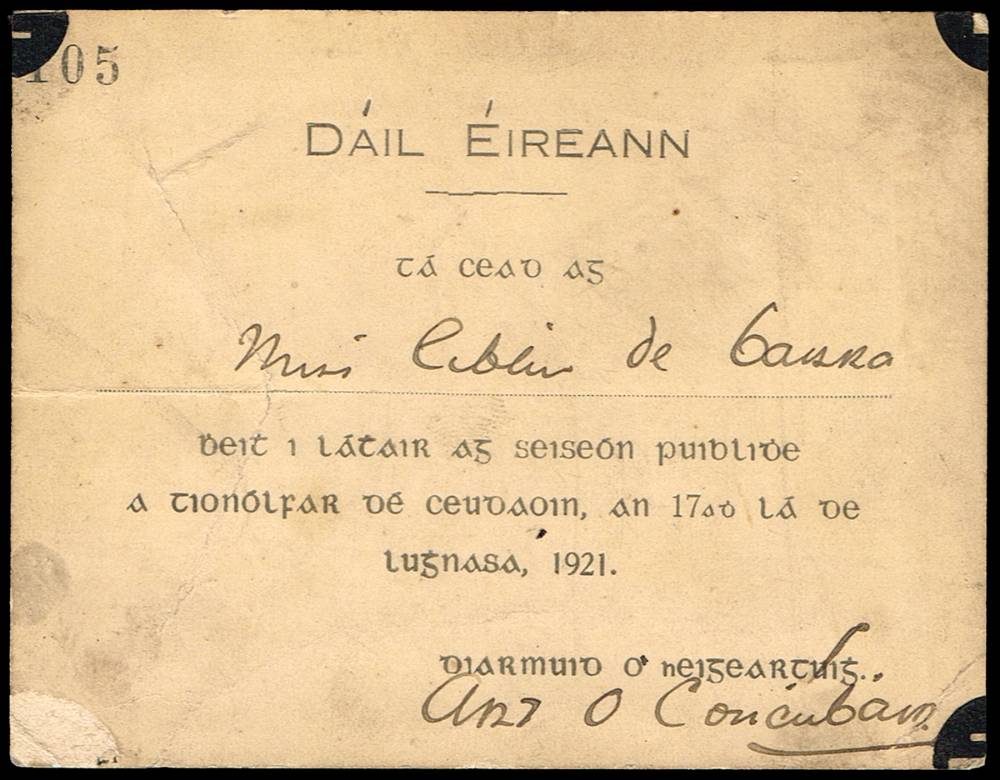 1921 (17 August). Visitor passes to Dil ireann and some election cards etc. at Whyte's Auctions