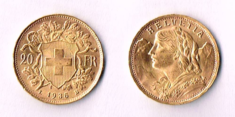 Switzerland twenty francs gold, 1935. at Whyte's Auctions