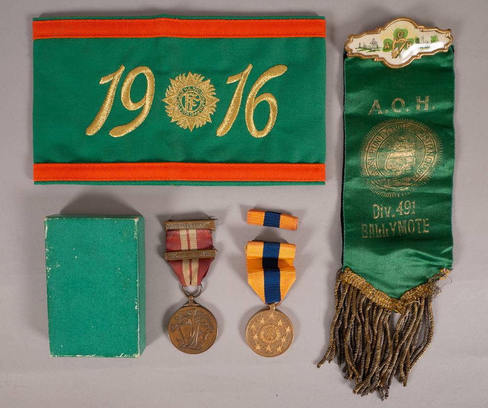 1939-46 Emergency Service Medal, 1972 Garda Sochna Jubilee medal, 1916 armband and AOH badge and ribbon. at Whyte's Auctions