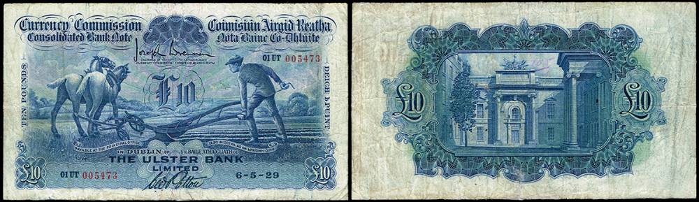 Currency Commission Consolidated Banknote 'Ploughman' Ulster Bank Ten Pounds, 6-5-29 at Whyte's Auctions