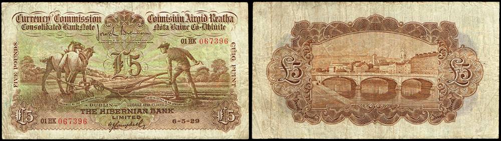 Currency Commission Consolidated Banknote 'Ploughman' Hibernian Bank Five Pounds, 6-5-29 at Whyte's Auctions