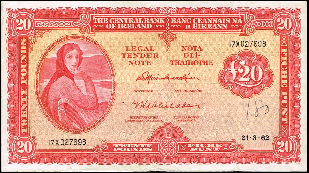 Central Bank 'Lady Lavery' Twenty Pounds, 21-3-62 and 24-3-76. at Whyte's Auctions