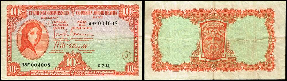 Currency Commission 'Lady Lavery' Ten Shillings, 2-7-41 War Code 'J' and Central Bank Ten Shillings 30-9-46. at Whyte's Auctions