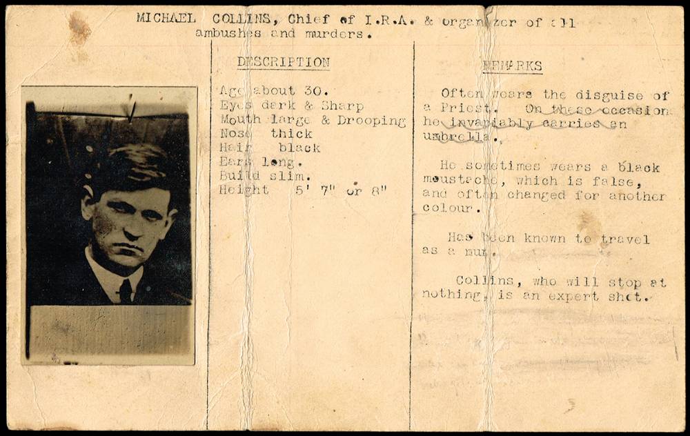 1920. Royal Irish Constabulary record card with description and photograph of 'Michael Collins, Chief of I.R.A.' at Whyte's Auctions