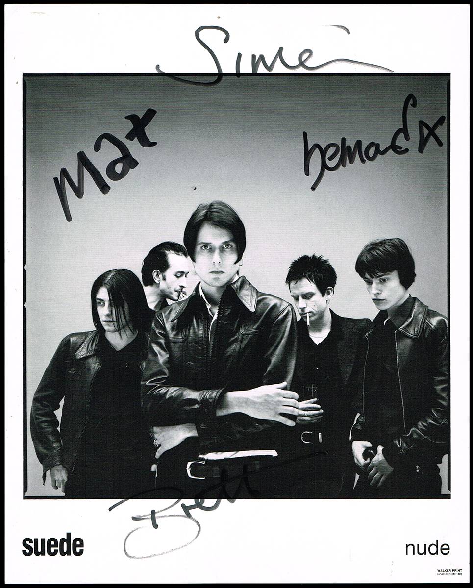 Suede. Promotional card for Nude, signed by four members of the band. at Whyte's Auctions