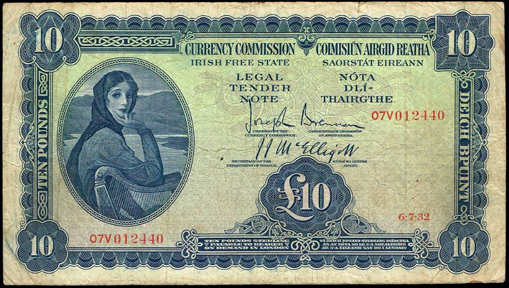 Currency Commission 'Lady Lavery' Ten Pounds, 6-7-32 and a Bank of Ireland One Pound Ploughman 3-7-39, and a 1976 One Pound. at Whyte's Auctions