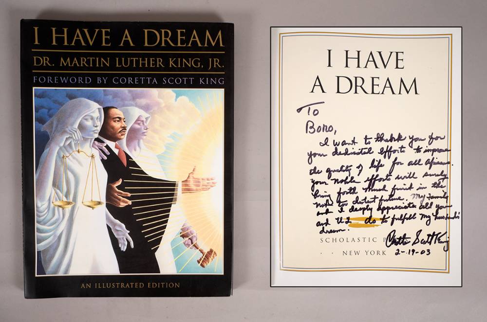 U2. An illustrated edition of Martin Luther King's 'I Have A Dream', signed by Coretta Scott King with a dedication to Bono. at Whyte's Auctions