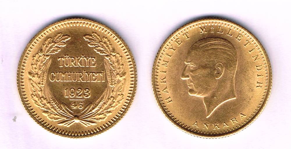 Turkey. Kemal Attaturk. Gold one hundred kurush. 1923/46. at Whyte's Auctions