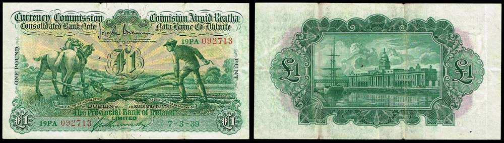 Currency Commission 'Ploughman' Provincial Bank of Ireland One Pound, 7-3-39. at Whyte's Auctions
