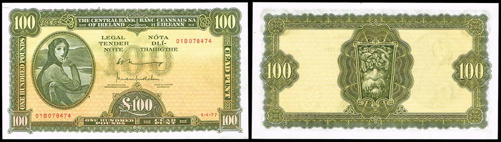 Central Bank 'Lady Lavery' One Hundred Pounds, 4-4-77, a rare sequential pair. at Whyte's Auctions