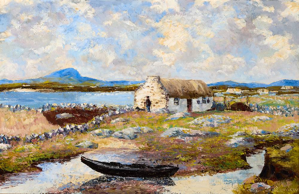 WEST OF IRELAND SCENE WITH COTTAGE AND CURRACH by Fergus O'Ryan RHA (1911-1989) at Whyte's Auctions