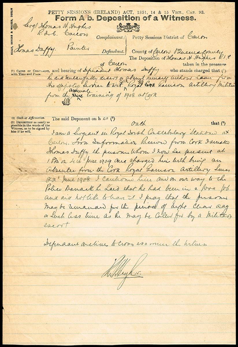 1905-1908.  Army deserters - depositions made at Carlow (4) at Whyte's Auctions