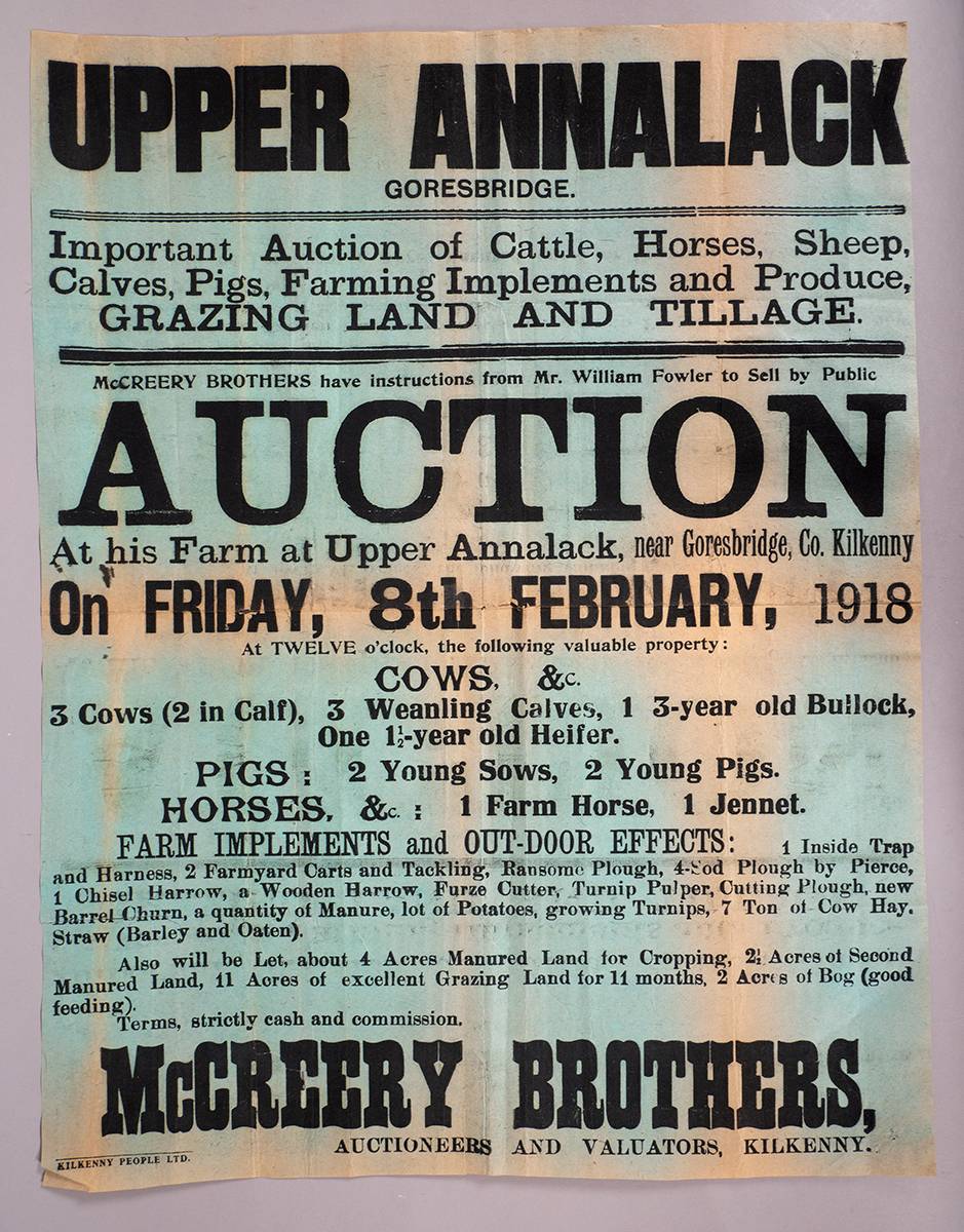 1918  McCreery Brothers Auction Poster for auction of Grazing and Tillage land at Upper Annalack, near Goresbridge, Co Kilkenny at Whyte's Auctions