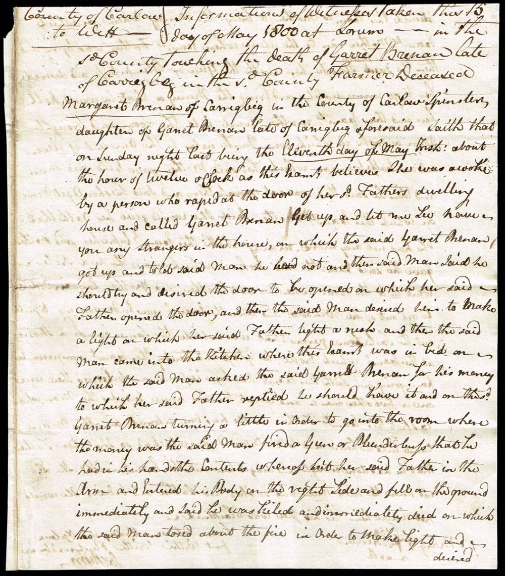 1800 (May) documents relating to the murder of Garret Brennan in Carrickpark, Carrigbeg, Carlow. (4) at Whyte's Auctions
