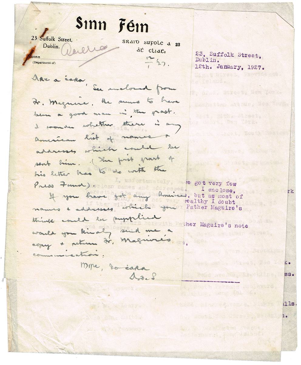 1929 (12 January) handwritten  letter signed by Austin Stack. at Whyte's Auctions