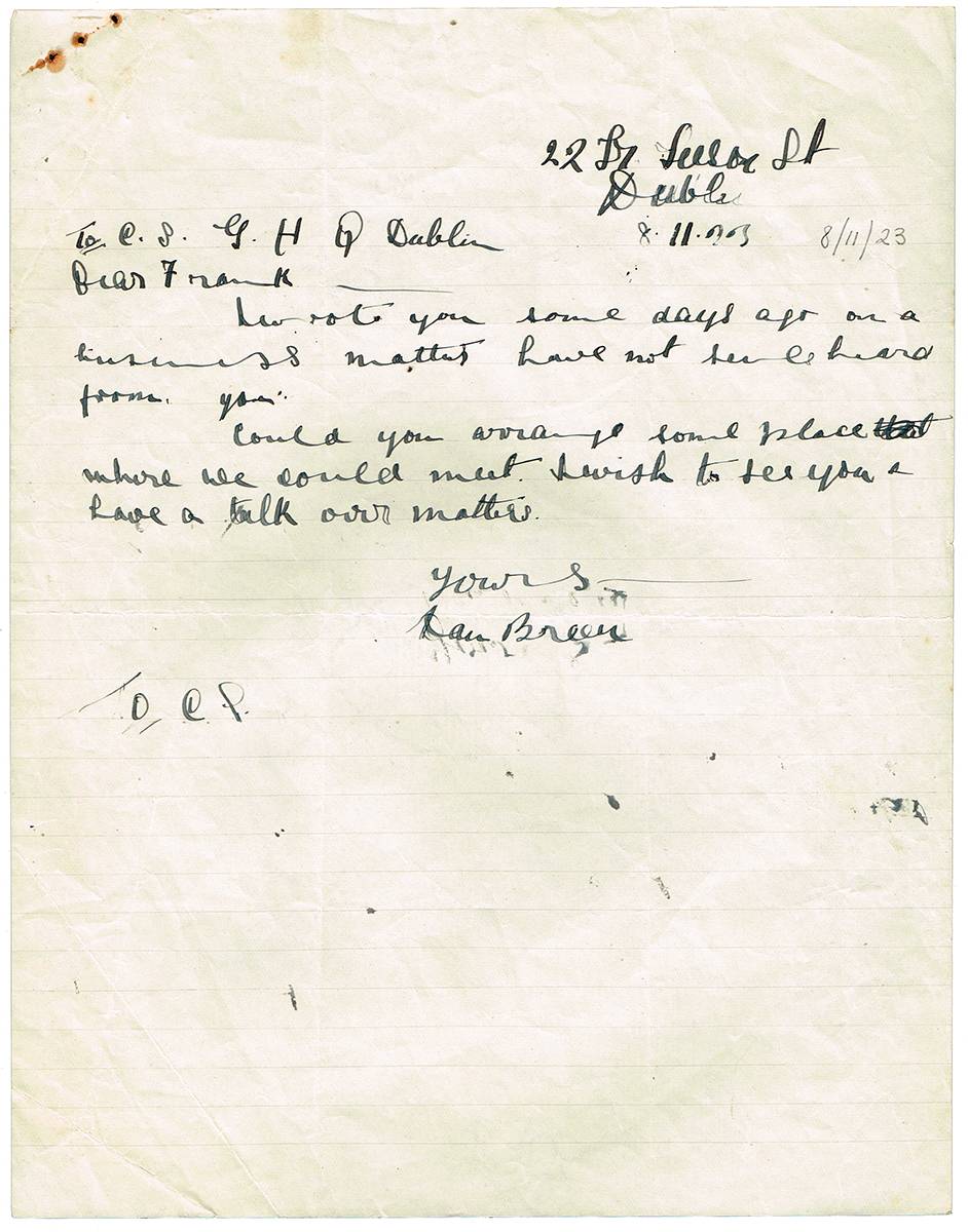1923 (8 November) handwritten letter by Dan Breen. at Whyte's Auctions