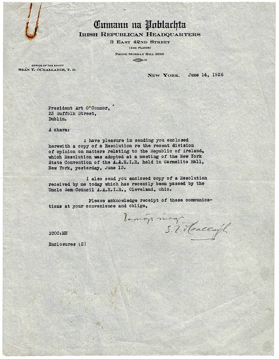 1926 (14 June) letter signed by Sen T. O'Kelly at Whyte's Auctions