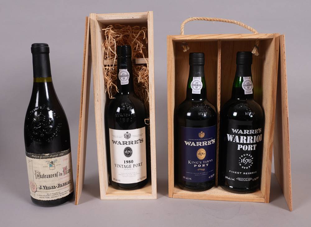 Warres Port 1980 and 2 non-vintage, also Chateau Neuf de Pape 1998. at Whyte's Auctions