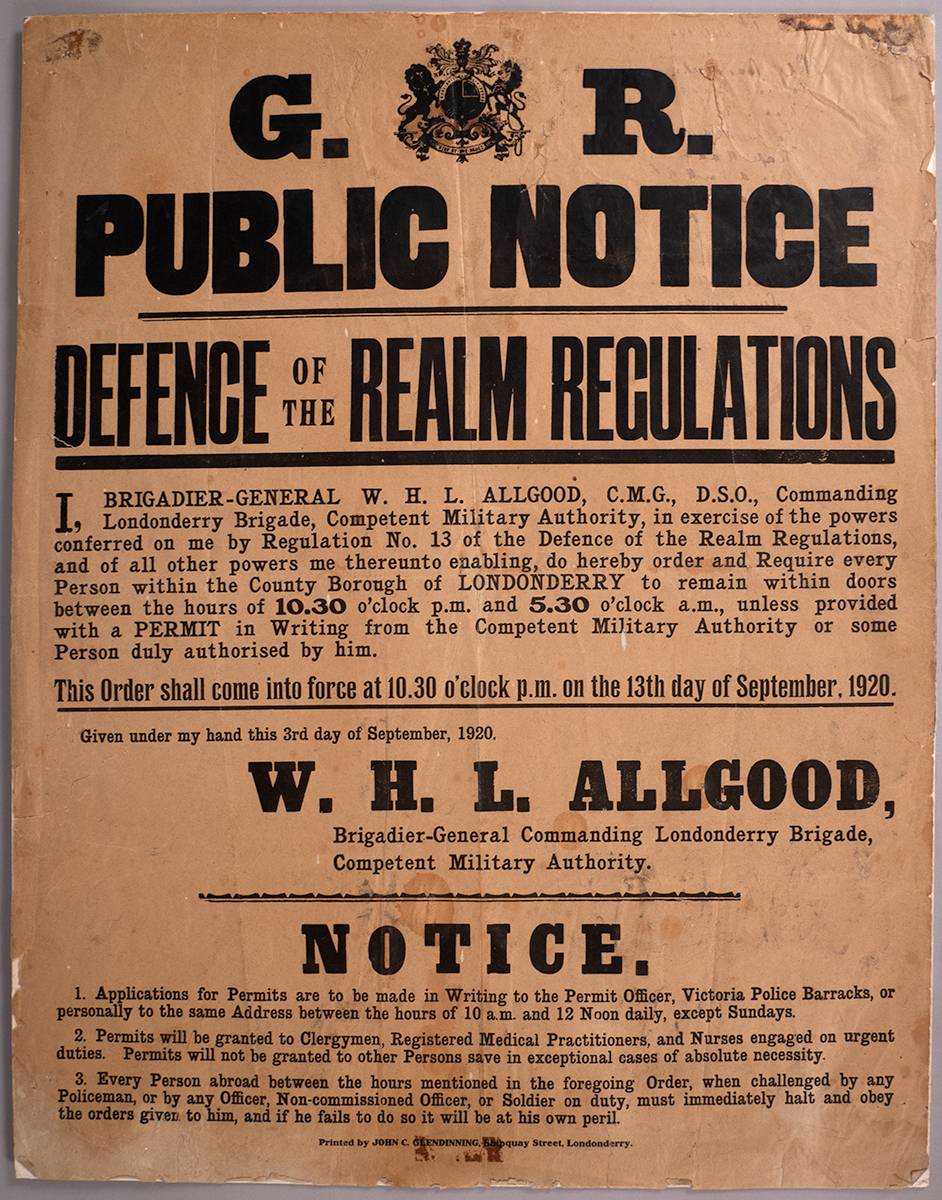 1920 (13 September) Defence of The Realm poster issued by the commanding officer of 'The Londonderry Brigade'. at Whyte's Auctions