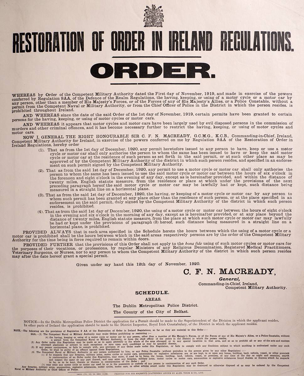 1920 (12 November). Restoration of Order in Ireland, a poster restricting motorists. at Whyte's Auctions