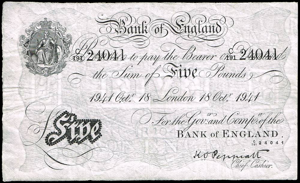 Bank of England Five Pounds, 18 Octr 1941. at Whyte's Auctions