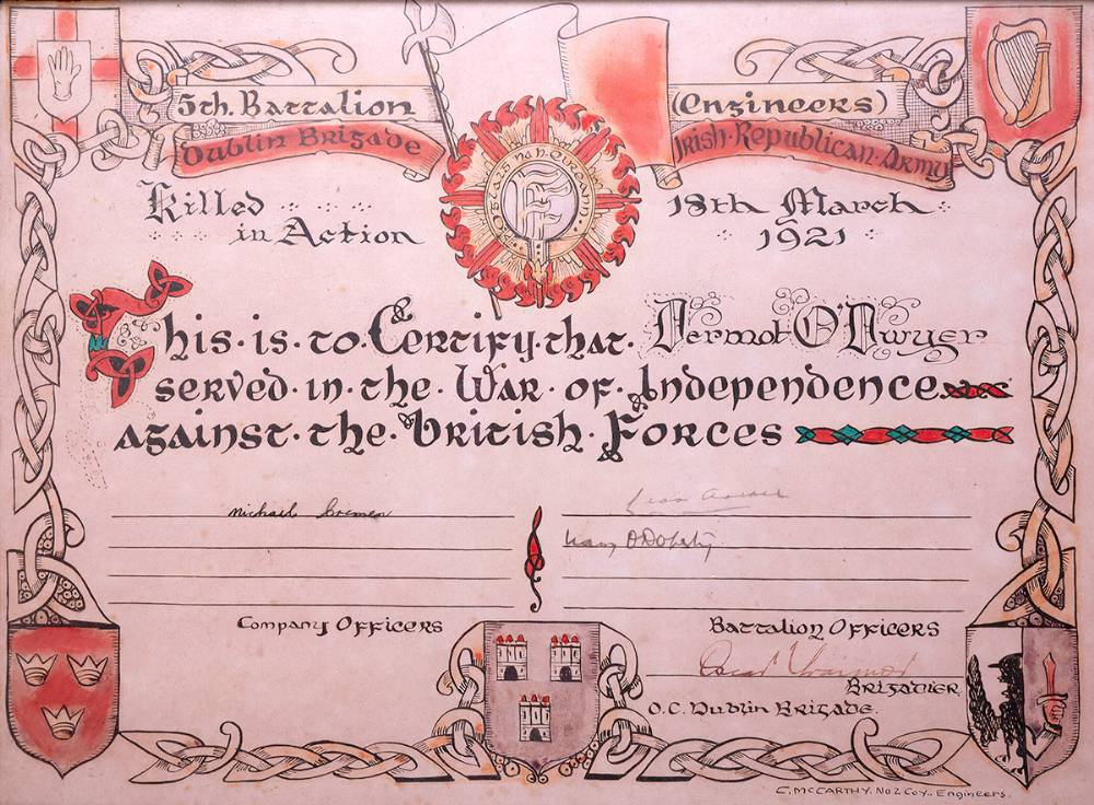 1917-1921 War of Independence 'Killed in Action' - a very rare certificate. at Whyte's Auctions