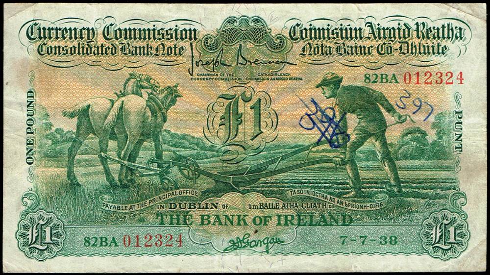 Currency Commission 'Ploughman' Bank of Ireland One Pound, 7-7-38. at Whyte's Auctions