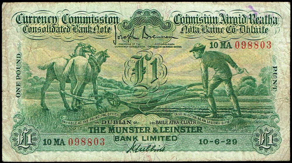 Currency Commission 'Ploughman' Munster & Leinster Bank One Pound, 10-6-29. at Whyte's Auctions