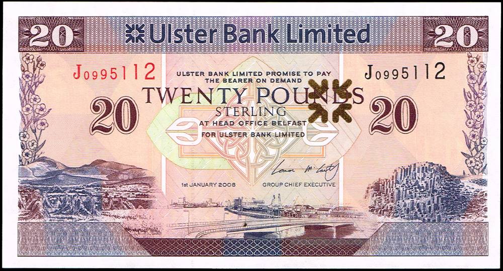 Northern Ireland. Ulster Bank Twenty Pounds sequential pair, 1st January 2008. at Whyte's Auctions